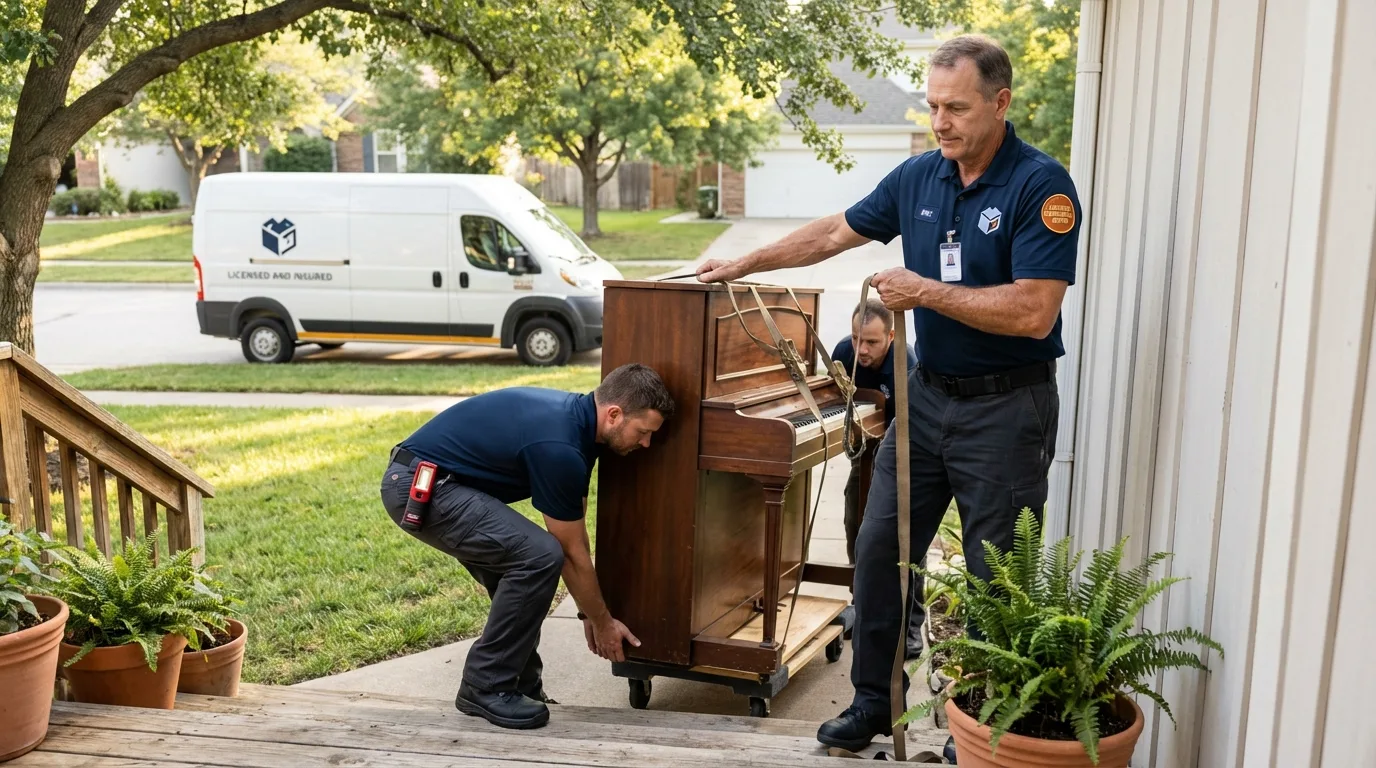 Licensed piano movers securing grand piano in High Point, NC