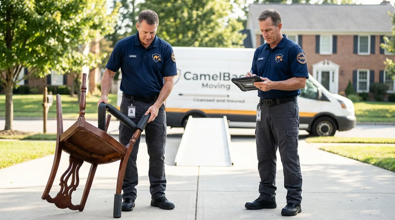 Movers inspecting furniture for damage prevention before loading in High Point, NC