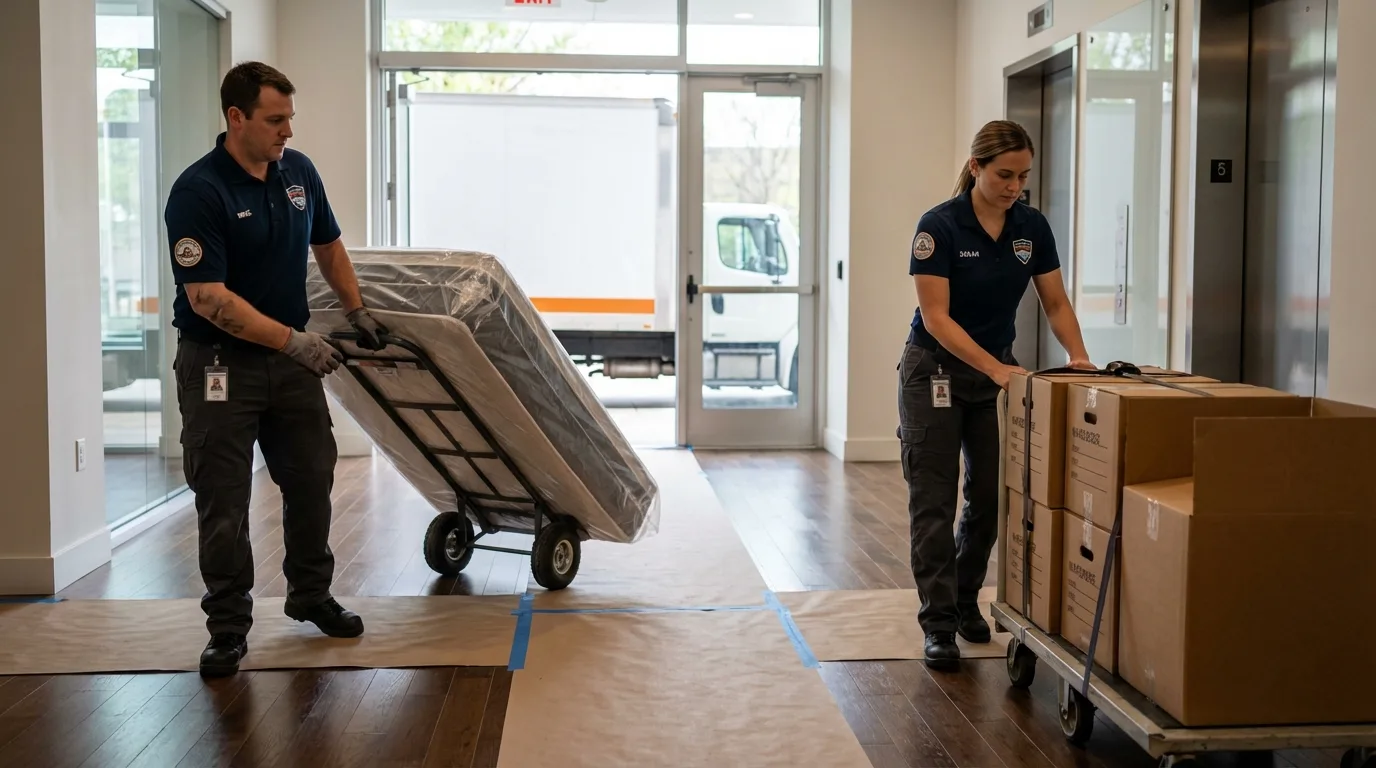 Professional apartment movers loading elevator in High Point, NC